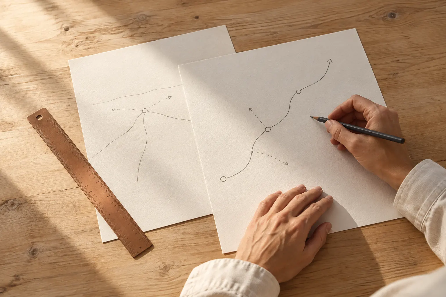 Illustrative artwork of hands sketching a route on paper beside a copper ruler